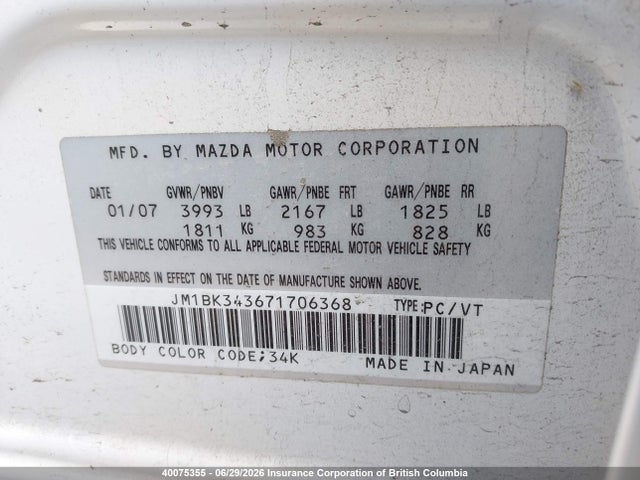 40075355 :رقم المزاد ، JM1BK343671706368 vin ، 2007 Mazda Mazda3 Gs/gt مزاد بيع