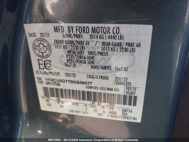 40073002 :رقم المزاد ، 1FMCU0D77BKB56077 vin ، 2011 Ford Escape Xlt مزاد بيع