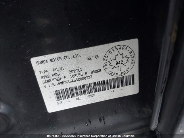 2005 Honda Accord Hybrid მანქანა იყიდება აუქციონზე, vin: JHMCN36455C800727, აუქციონის ნომერი: 40075358