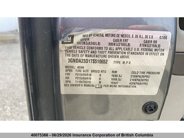 40075366 :رقم المزاد ، 3GNDA23D17S510652 vin ، 2007 Chevrolet Hhr مزاد بيع