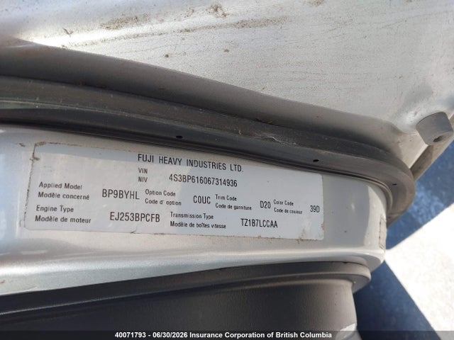 40071793 :رقم المزاد ، 4S3BP616067314936 vin ، 2006 Subaru Legacy 2.5i مزاد بيع
