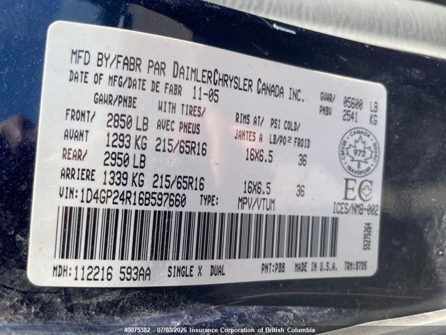 Auction sale of the 2006 Dodge Grand Caravan Se, vin: 1D4GP24R16B597660, lot number: 40075382