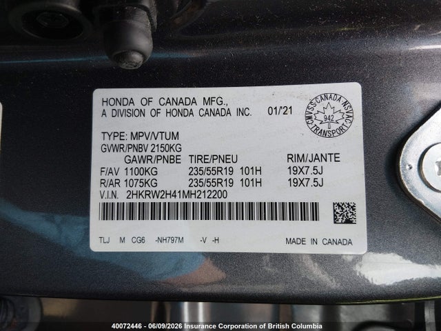 2021 Honda Cr-v Sport მანქანა იყიდება აუქციონზე, vin: 2HKRW2H41MH212200, აუქციონის ნომერი: 40072446
