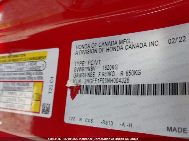 2022 Honda Civic Touring მანქანა იყიდება აუქციონზე, vin: 2HGFE1F93NH004328, აუქციონის ნომერი: 40074135