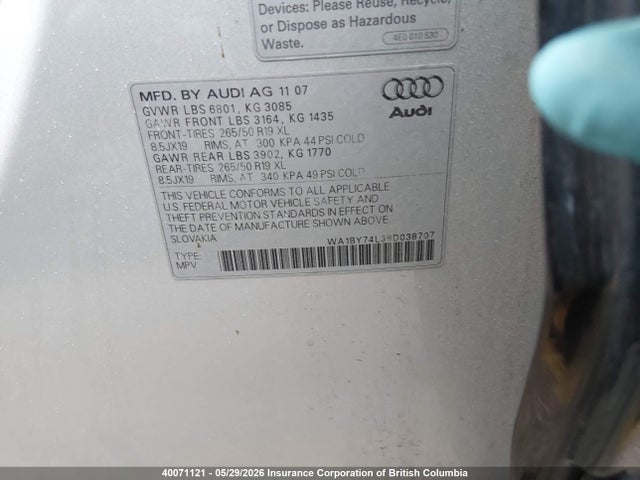 Продаж на аукціоні авто 2008 Audi Q7 3.6 Quattro Premium, vin: WA1BY74L38D038707, номер лоту: 40071121