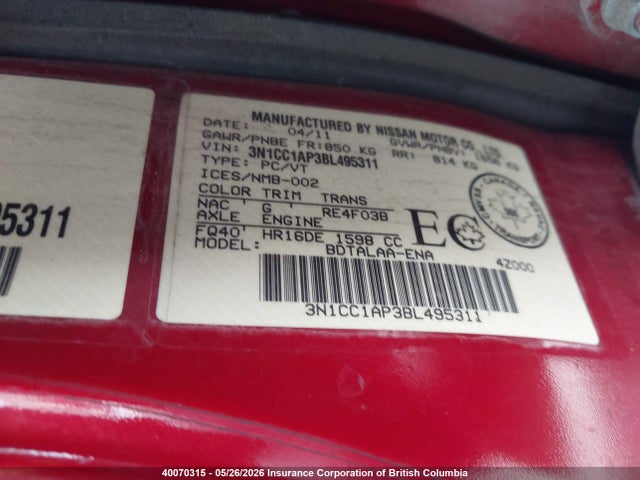 Aukcja sprzedaży 2011 Nissan Versa S/sl, vin: 3N1CC1AP3BL495311, numer aukcji: 40070315