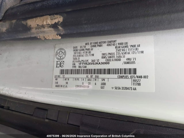 40075399 :رقم المزاد ، 1FTYR2XV0JKA36900 vin ، 2018 Ford Transit T-250 مزاد بيع