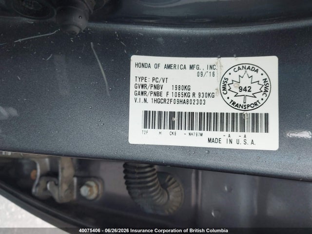 2017 Honda Accord Touring მანქანა იყიდება აუქციონზე, vin: 1HGCR2F09HA802303, აუქციონის ნომერი: 40075406