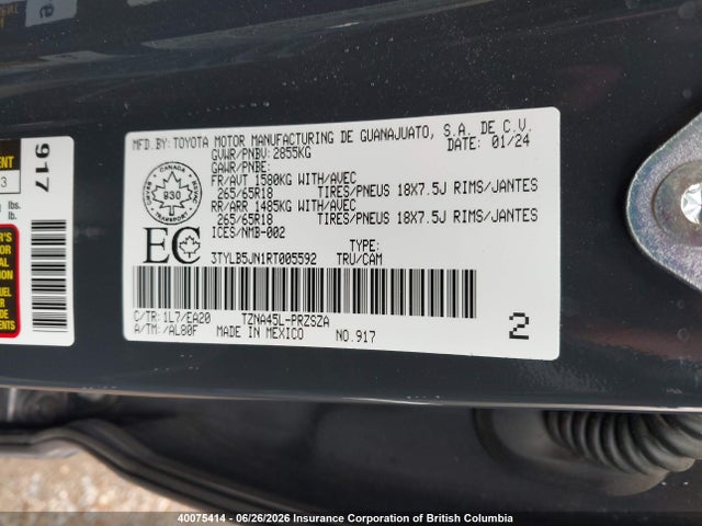 2024 Toyota Tacoma Double Cab/sr5/trd Sport/trd Off Road/ltd მანქანა იყიდება აუქციონზე, vin: 3TYLB5JN1RT005592, აუქციონის ნომერი: 40075414