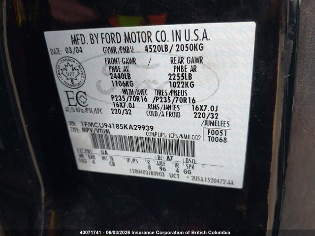 40071741 :رقم المزاد ، 1FMCU94185KA29939 vin ، 2005 Ford Escape Limited مزاد بيع