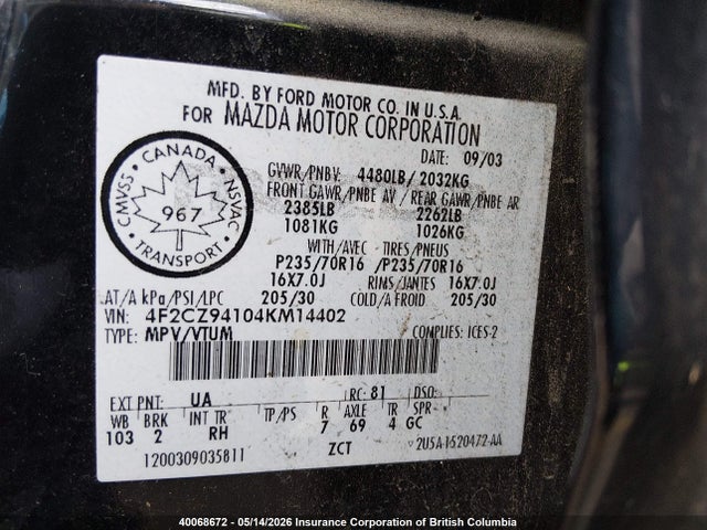 Aukcja sprzedaży 2004 Mazda Tribute Lx, vin: 4F2CZ94104KM14402, numer aukcji: 40068672