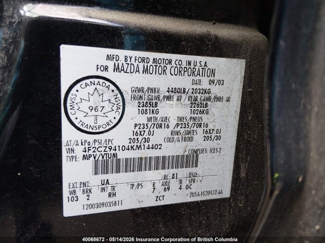 Aukcja sprzedaży 2004 Mazda Tribute Lx, vin: 4F2CZ94104KM14402, numer aukcji: 40068672