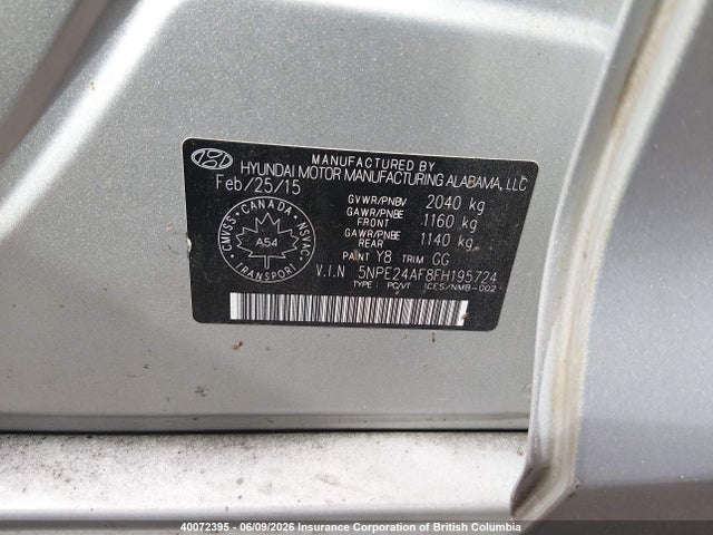 Aukcja sprzedaży 2015 Hyundai Sonata Se, vin: 5NPE24AF8FH195724, numer aukcji: 40072395