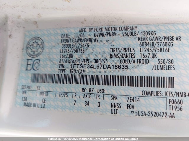 40075425 :رقم المزاد ، 1FTSE34L67DA18635 vin ، 2007 Ford E350 مزاد بيع