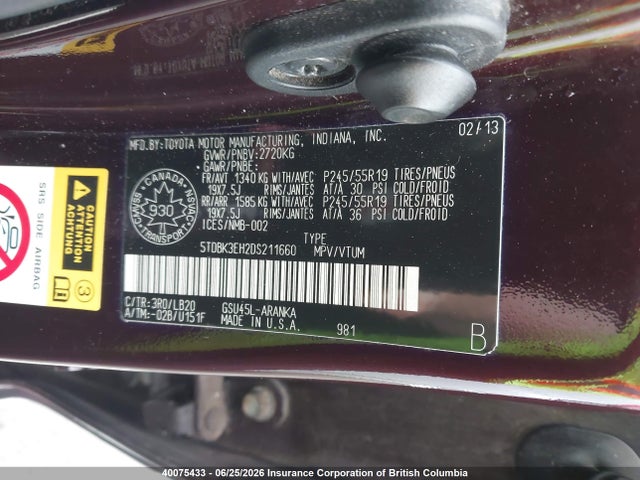 40075433 :رقم المزاد ، 5TDBK3EH2DS211660 vin ، 2013 Toyota Highlander V6 مزاد بيع