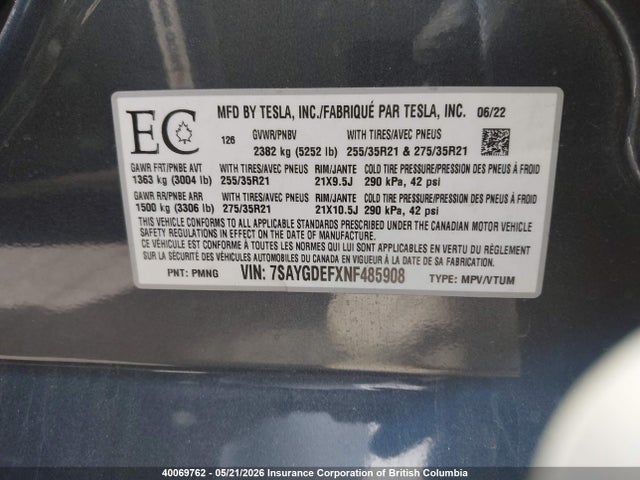 Aukcja sprzedaży 2022 Tesla Model Y, vin: 7SAYGDEFXNF485908, numer aukcji: 40069762