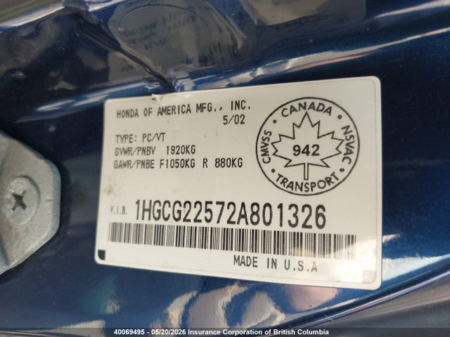 Aukcja sprzedaży 2002 Honda Accord Ex, vin: 1HGCG22572A801326, numer aukcji: 40069495