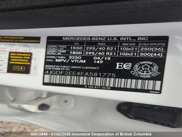 40075446 :رقم المزاد ، 4JGDF2EE4FA581775 vin ، 2015 Mercedes-benz Gl 350 Bluetec 4matic مزاد بيع