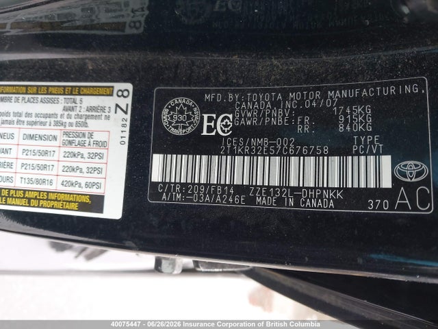 2007 Toyota Corolla Matrix Xr მანქანა იყიდება აუქციონზე, vin: 2T1KR32E57C676758, აუქციონის ნომერი: 40075447