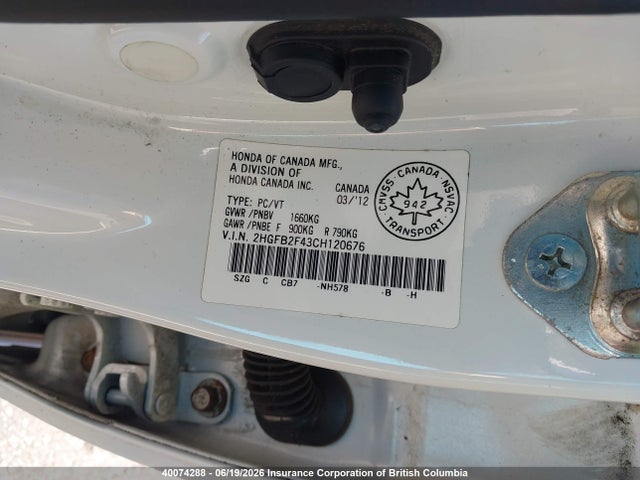 Продаж на аукціоні авто 2012 Honda Civic Lx, vin: 2HGFB2F43CH120676, номер лоту: 40074288