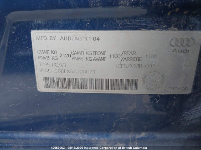 40069062 :رقم المزاد ، WAUTC68EX5A120071 vin ، 2005 Audi A4 1.8 Avant مزاد بيع