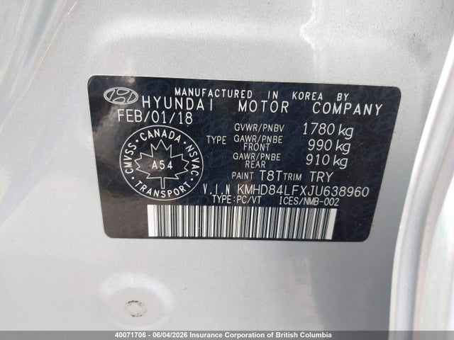 2018 Hyundai Elantra Sel/value/limited მანქანა იყიდება აუქციონზე, vin: KMHD84LFXJU638960, აუქციონის ნომერი: 40071706