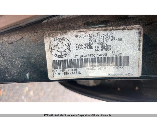 40075468 :رقم المزاد ، 2T1BA01E0TC154220 vin ، 1996 Toyota Corolla مزاد بيع