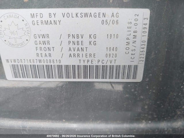 40070692 :رقم المزاد ، WVWDR71K87W008810 vin ، 2007 Volkswagen Rabbit مزاد بيع