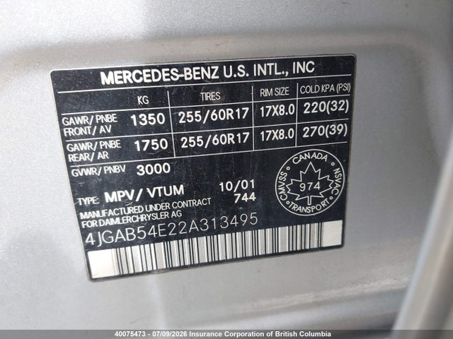 2002 Mercedes-benz Ml 320 მანქანა იყიდება აუქციონზე, vin: 4JGAB54E22A313495, აუქციონის ნომერი: 40075473