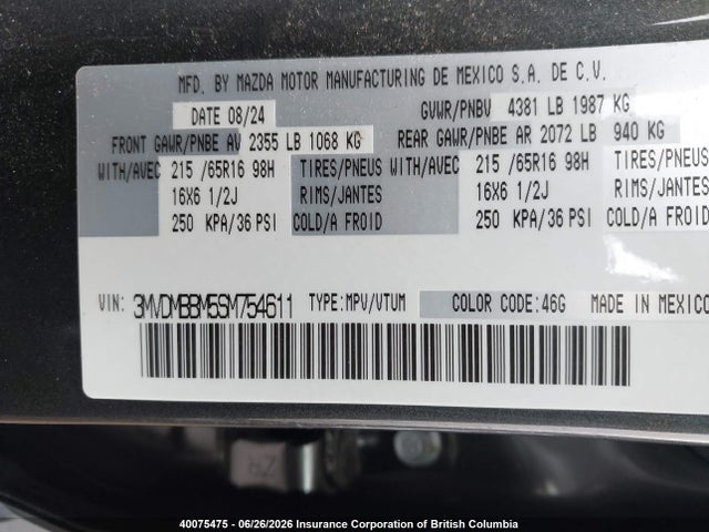 40075475 :رقم المزاد ، 3MVDMBBM5SM754611 vin ، 2025 Mazda Cx-30 مزاد بيع