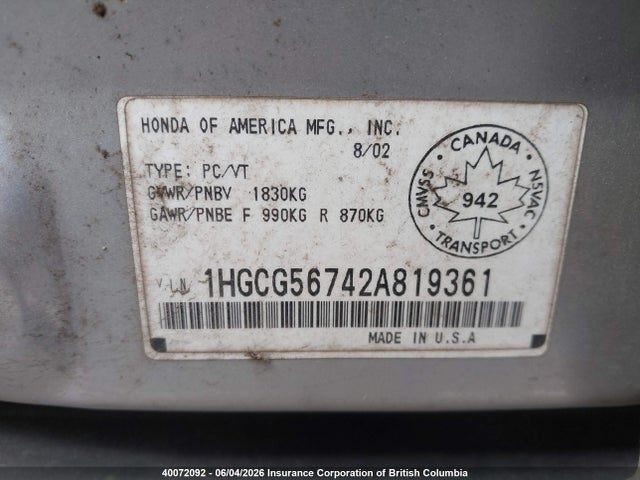 Aukcja sprzedaży 2002 Honda Accord Se, vin: 1HGCG56742A819361, numer aukcji: 40072092