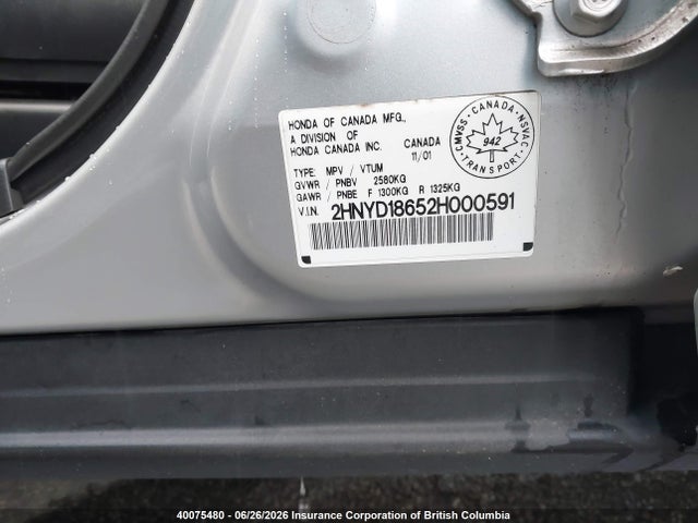 40075480 :رقم المزاد ، 2HNYD18652H000591 vin ، 2002 Acura Mdx مزاد بيع