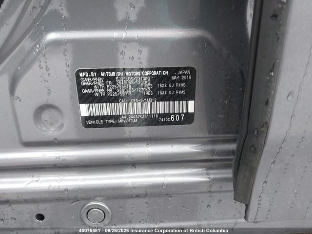 Aukcja sprzedaży 2019 Mitsubishi Outlander Sel/gt, vin: JA4J24A57KZ611118, numer aukcji: 40075481