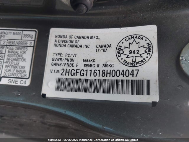 2008 Honda Civic მანქანა იყიდება აუქციონზე, vin: 2HGFG11618H004047, აუქციონის ნომერი: 40075483