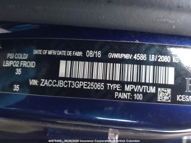 Продаж на аукціоні авто 2016 Jeep Renegade Trailhawk, vin: ZACCJBCT3GPE25065, номер лоту: 40075489