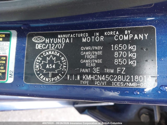 40070520 :رقم المزاد ، KMHCN45C28U218014 vin ، 2008 Hyundai Accent Gls مزاد بيع