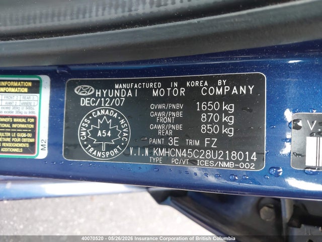 40070520 :رقم المزاد ، KMHCN45C28U218014 vin ، 2008 Hyundai Accent Gls مزاد بيع