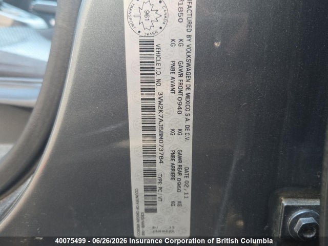 40075499 :رقم المزاد ، 3VW2K7AJ5BM073784 vin ، 2011 Volkswagen Jetta مزاد بيع