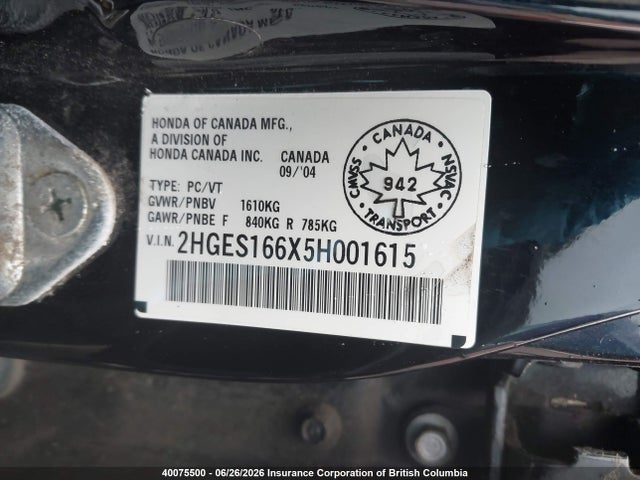 2005 Honda Civic მანქანა იყიდება აუქციონზე, vin: 2HGES166X5H001615, აუქციონის ნომერი: 40075500