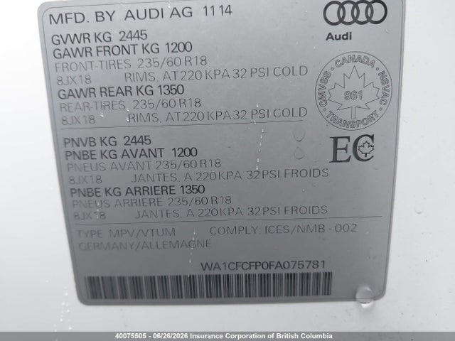 Продажа на аукционе авто 2015 Audi Q5, vin: WA1CFCFP0FA075781, номер лота: 40075505