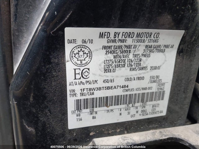 2011 Ford F350 მანქანა იყიდება აუქციონზე, vin: 1FT8W3BT5BEA71484, აუქციონის ნომერი: 40075506