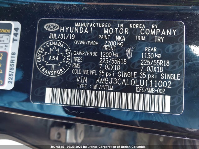 40075515 :رقم المزاد ، KM8J3CAL0LU111002 vin ، 2020 Hyundai Tucson Luxury مزاد بيع
