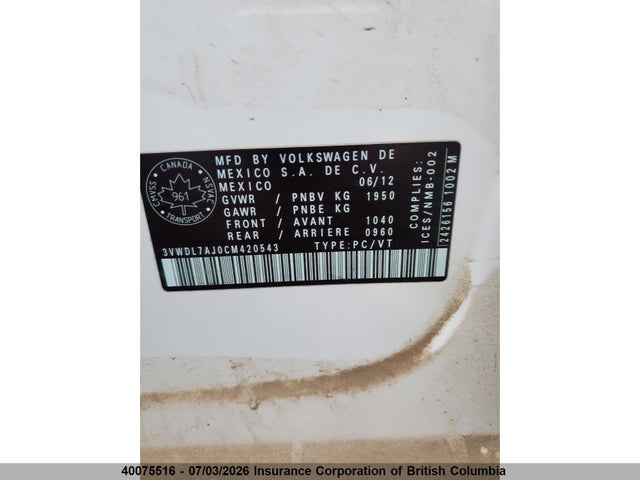 Продажа на аукционе авто 2012 Volkswagen Jetta, vin: 3VWDL7AJ0CM420543, номер лота: 40075516