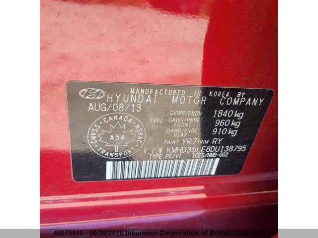 2013 Hyundai Elantra Gt მანქანა იყიდება აუქციონზე, vin: KMHD35LE8DU138795, აუქციონის ნომერი: 40075518