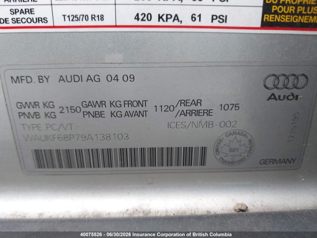 2009 Audi A3 მანქანა იყიდება აუქციონზე, vin: WAUKF68P79A138103, აუქციონის ნომერი: 40075526