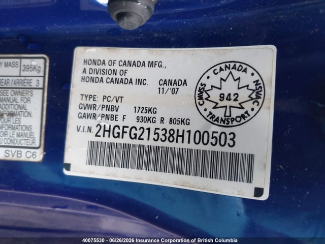 Продаж на аукціоні авто 2008 Honda Civic, vin: 2HGFG21538H100503, номер лоту: 40075530