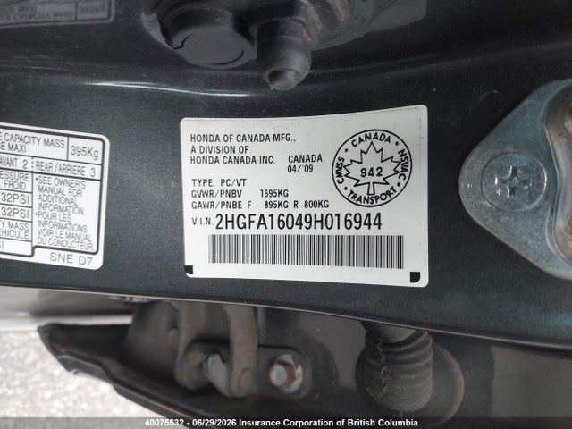 Продаж на аукціоні авто 2009 Honda Civic, vin: 2HGFA16049H016944, номер лоту: 40075532