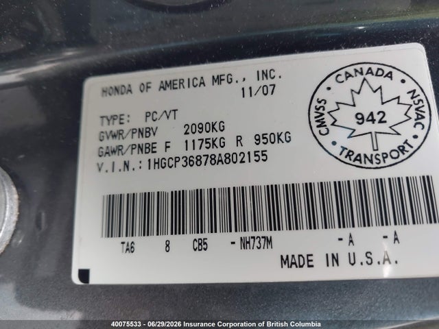 Aukcja sprzedaży 2008 Honda Accord Exl, vin: 1HGCP36878A802155, numer aukcji: 40075533