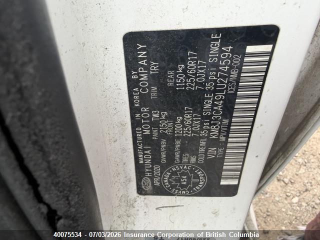 Продаж на аукціоні авто 2020 Hyundai Tucson Limited/sel/sport/ultimate/value, vin: KM8J3CA49LU274594, номер лоту: 40075534