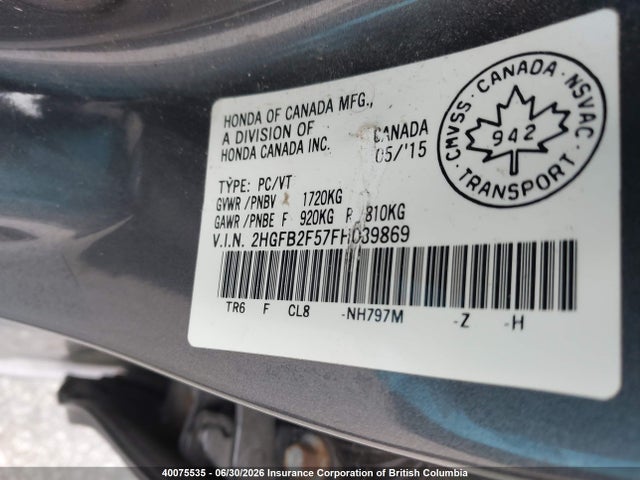 Honda Civic 2015 2HGFB2F57FH039869 Image 9